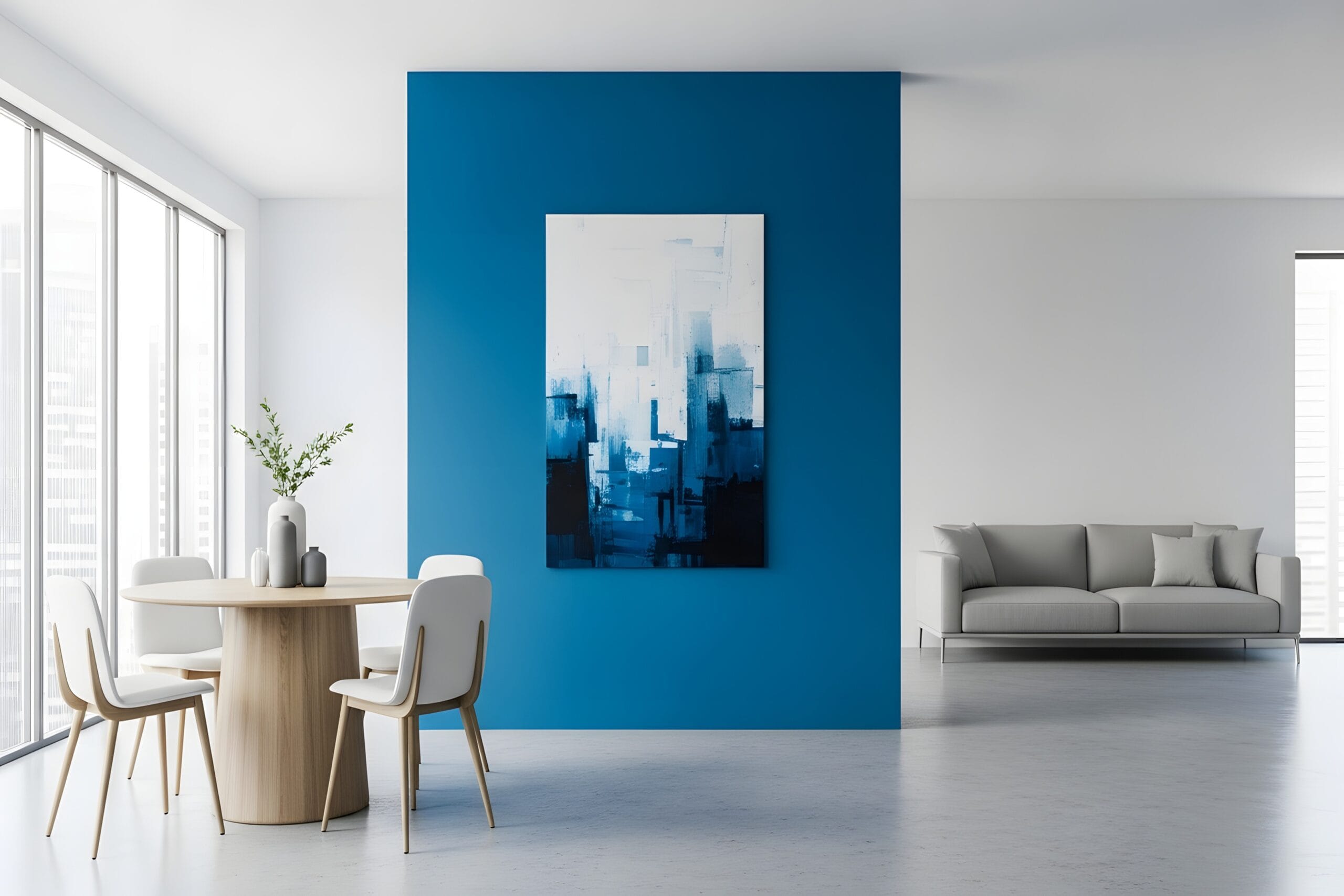 Contemporary interior showcasing bold blue accent wall adorned with abstract cityscape art, complemented by a